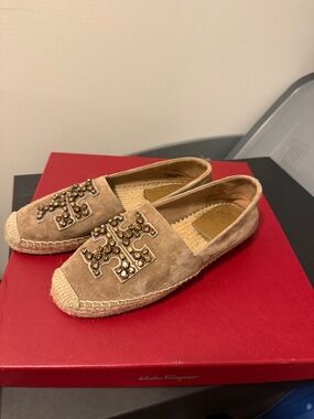 Tory Burch Tan Suede Bejeweled Espadrille Flats